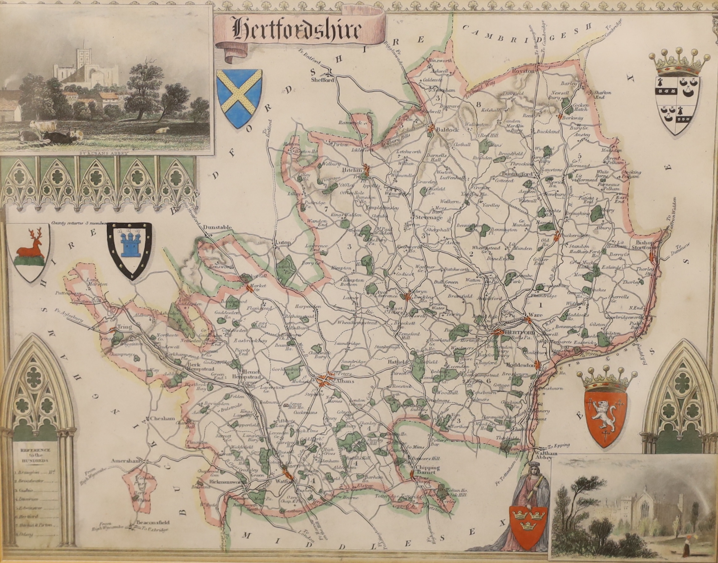 Seven engraved maps - After John Ogilby, The Road from London to Newhaven; The Road from London to Arundel; After Hondius family, an uncoloured map of Provincia La Provence, dated 1621, 38 x 50cm, After Thomas Moule, thr